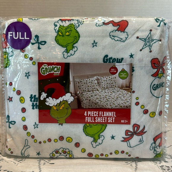 The Grinch Dr. Seuss 4 Piece Flannel Full Sheet Set 100% Cotton Christmas